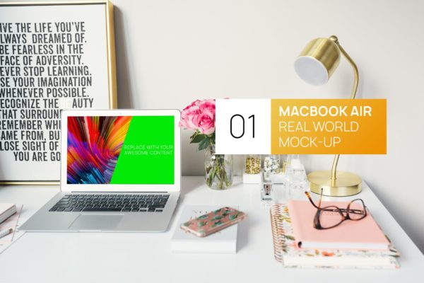逼真书房工作场景MacBook Air超极本大洋岛精选样机模板 Bright MacBook Air Real World Photo Mock-up