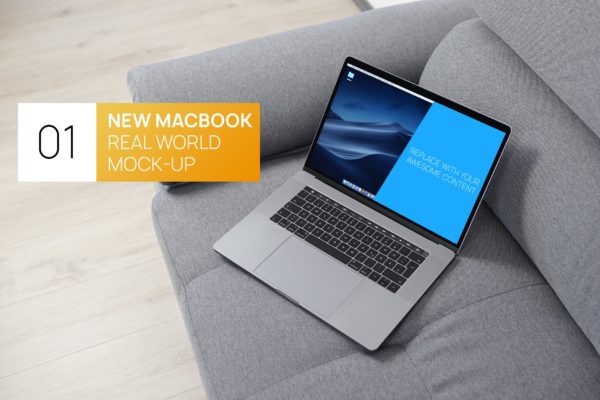 布艺沙发上的MacBook Pro电脑大洋岛精选样机 New MacBook Pro Touchbar Real World Mock-up