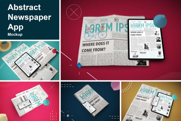 抽象设计风格报纸资讯类APP应用UI设计效果图大洋岛精选样机 Abstract Newspaper App MockUp
