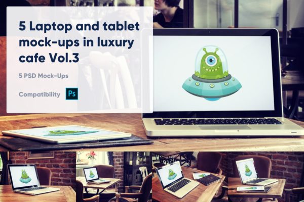 咖啡厅场景笔记本电脑&平板电脑屏幕预览大洋岛精选样机v3 5 Laptop and tablet mock-ups in cafe Vol. 3