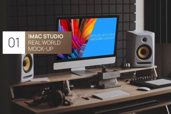 双层办公桌场景27寸iMac一体机电脑大洋岛精选样机 Modern Desk iMac 27 Real World Photo Mock-up
