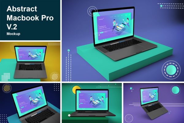 抽象背景Macbook Pro笔记本电脑大洋岛精选样机模板v2 Abstract Macbook Pro Mockup V.2