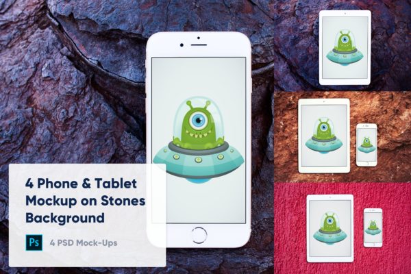 石头背景平板电脑&手机大洋岛精选样机模板 4 Tablet & Phone Mockup on Stone Background