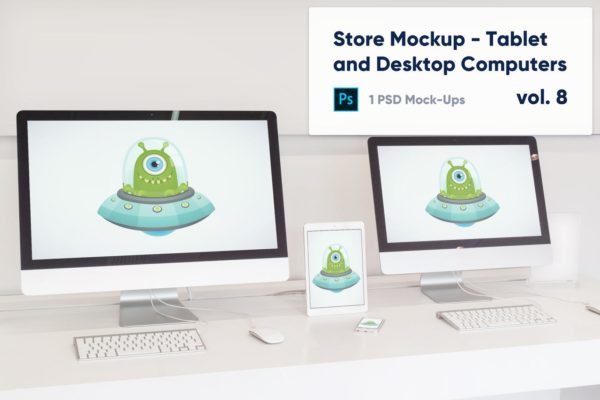 零售店展柜一体机电脑/平板电脑/手机屏幕预览大洋岛精选样机v8 Desktop Computers, Tablet and Phone Mockup