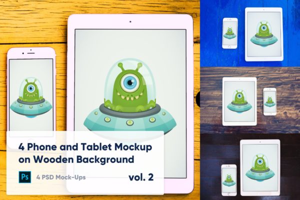 木制背景平板电脑&手机大洋岛精选样机模板v2 4 Tablet & Phone Mockup on Wooden Background Vol.2