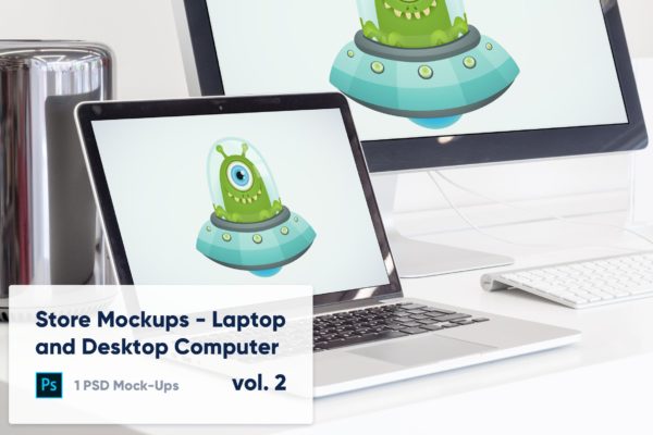 笔记本&一体机电脑响应式设计效果图演示大洋岛精选样机 Laptop and Desktop Computer Mockup in the Store