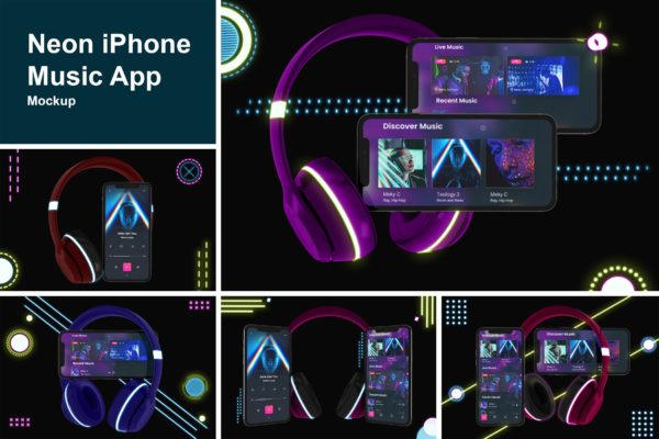 霓虹灯设计风格iPhone手机音乐APP应用UI设计图大洋岛精选样机 Neon iPhone Music App Mockup