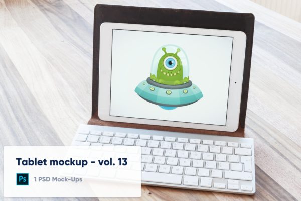 附带键盘套的iPad平板电脑屏幕预览大洋岛精选样机模板v13 Tablet in Keyboard Case Desk Mockup – Vol. 13