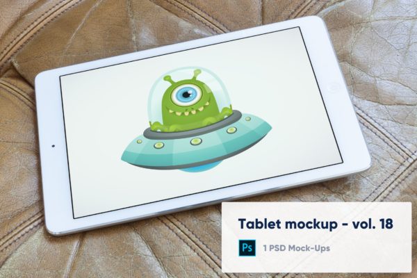 棕色皮革背景iPad平板电脑屏幕演示大洋岛精选样机v18 Tablet on Brown Leather Background Mockup – Vol.18