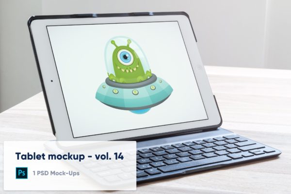 便捷键盘保护套平板电脑屏幕展示大洋岛精选样机模板v14 Tablet in Keyboard Case on Desk Mockup – Vol. 14
