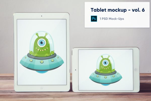 横版&竖版平板电脑屏幕演示大洋岛精选样机v6 Tablets on Wooden Desk Mockup – Vol. 6
