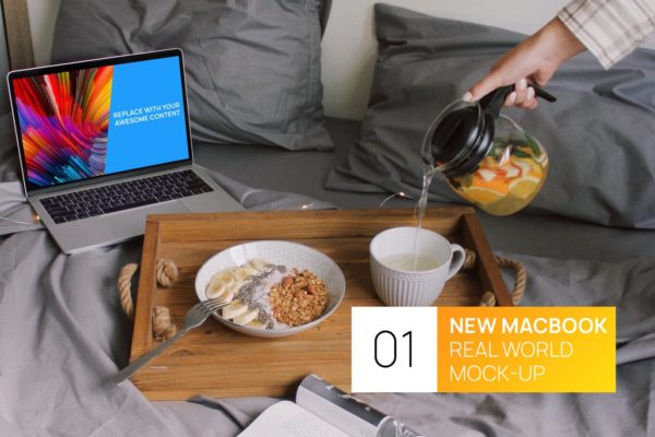 卧室睡床场景MacBook 13笔记本电脑大洋岛精选样机模板 New MacBook 13 at Home Real World Mock-up