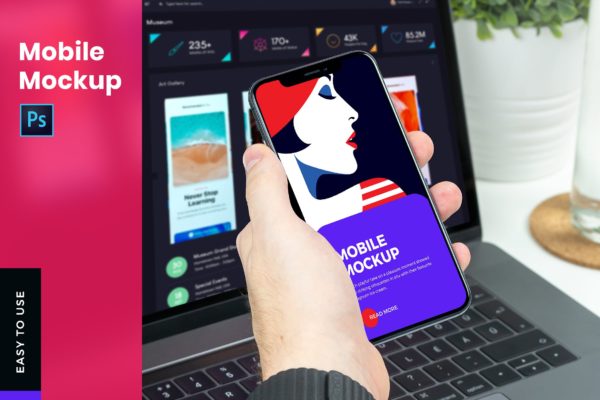 手持全面屏手机UI设计演示大洋岛精选样机模板 Mobile With Hand Mockup