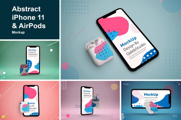 抽象设计风格iPhone 11手机&AirPods耳机大洋岛精选样机模板 Abstract iPhone 11 & AirPods Mockup