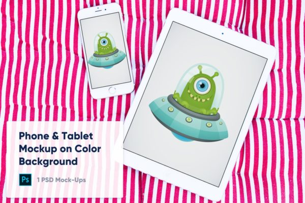 彩色背景平板电脑&手机大洋岛精选样机模板 1 Tablet & Phone Mockup on Color Background