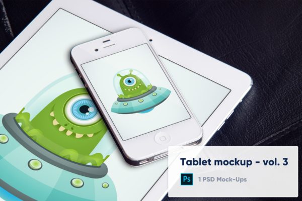 黑色皮套上的iPhone&iPad平板电脑大洋岛精选样机模板v3 Tablet Mockup on Black Leather Background – Vol. 3