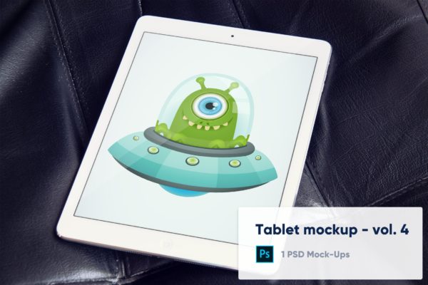 黑色皮革背景iPad平板电脑屏幕演示大洋岛精选样机v4 Tablet Mockup on Black Leather Background – Vol. 4