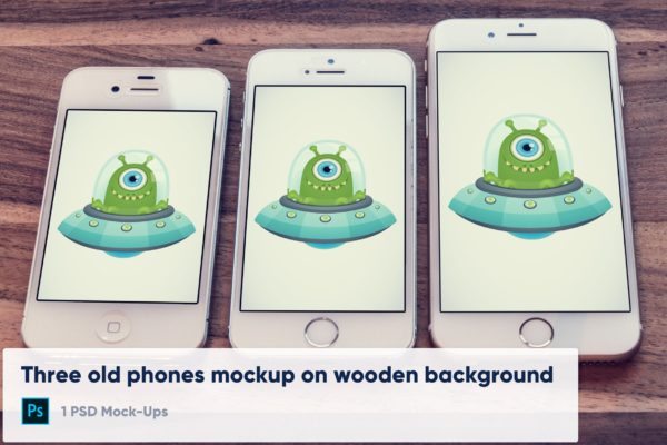 经典实体按键版本iPhone手机屏幕演示大洋岛精选样机 3 old phones mockup on wooden background