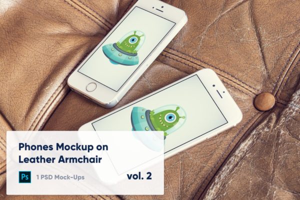 皮革扶手椅上iPhone手机UI设计演示大洋岛精选样机模板v2 1 Phones Mockup on Leather Armchair Vol. 2