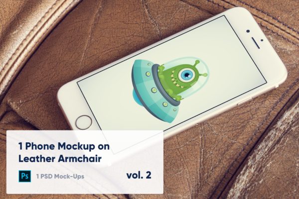 皮革扶手椅上iPhone手机UI设计演示大洋岛精选样机模板v1 1 Phone Mockup on Leather Armchair Vol. 1