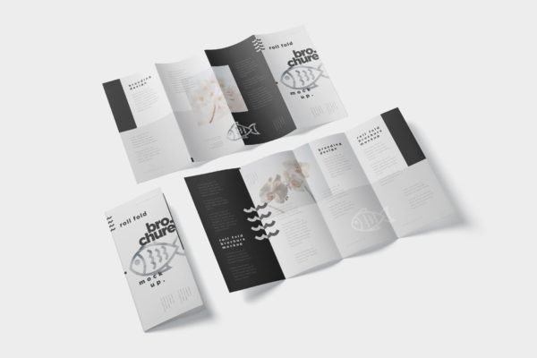 折叠设计风格企业传单/宣传册设计样机大洋岛精选 Roll-Fold Brochure Mockup – DL DIN Lang Size