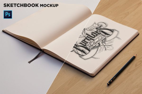 素描本内页设计/艺术作品展示透视图样机大洋岛精选 Sketchbook Mockup Perspective View