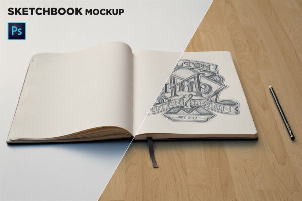 素描本内页设计/艺术作品展示前视图样机大洋岛精选 Sketchbook Mockup Front View