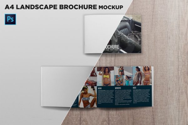 宣传画册/企业画册封面&内页版式设计效果图样机大洋岛精选 Cover & Open Landscape Brochure Mockup Top View