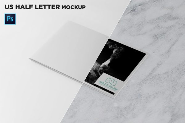 美国信纸尺寸宣传册封面45度角印刷效果图样机大洋岛精选 US Half Letter Cover Brochure Mockup 45 Degree