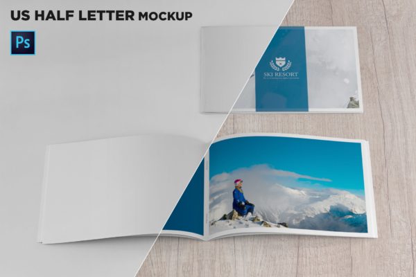 美国信纸规格宣传册封面&内页印刷效果图样机大洋岛精选 US Half Letter Cover & Open Pages Mockup