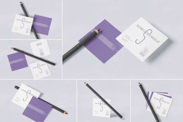 方形名片叠放阴影效果样机大洋岛精选模板 Square Shaped Business Card Mockups