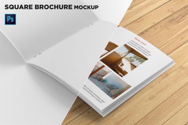 方形画册产品手册右页特写效果图样机大洋岛精选 Square Brochure Mockup Closeup on Right Page