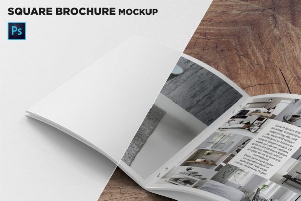 方形画册产品手册左页特写效果图样机大洋岛精选 Square Brochure Mockup Closeup on Left Page