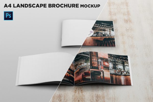 企业画册产品手册封面&内页版式设计正视图样机大洋岛精选 Cover & Open Landscape Brochure Mockup Front View