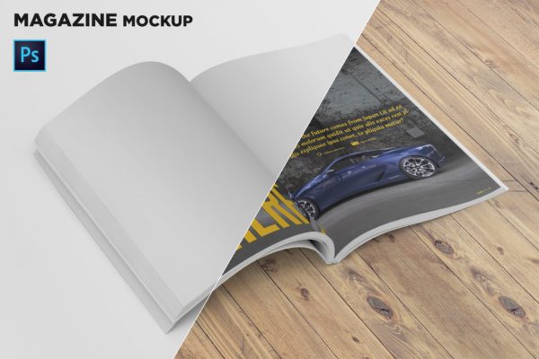杂志内页排版设计翻页透视图样机大洋岛精选 Magazine Mockup Folded Page Perspective View