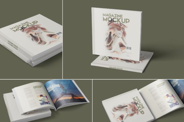 方形杂志印刷效果图样机大洋岛精选PSD模板 Square Magazine Mockup Set