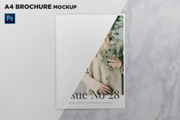 A4宣传小册子/企业画册封面设计俯视图样机大洋岛精选 A4 Brochure Cover Mockup Top View