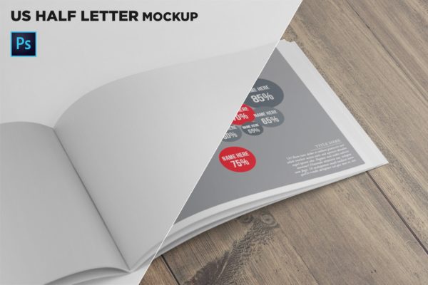 横版设计企业&品牌宣传册右侧特写图样机大洋岛精选模板 US Half Letter Brochure Mockup Closeup Right Page