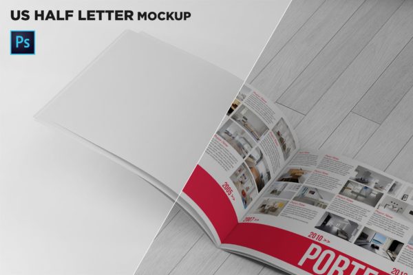 横版设计企业&品牌宣传册左侧特写图样机大洋岛精选模板 US Half Letter Brochure Mockup Closeup Left Page