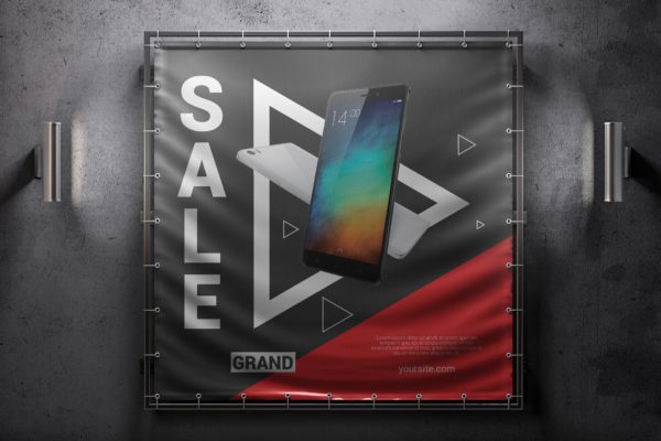 方形户外广告横幅效果图样机大洋岛精选模板 Square Outdoor Advertising Banner Mockup