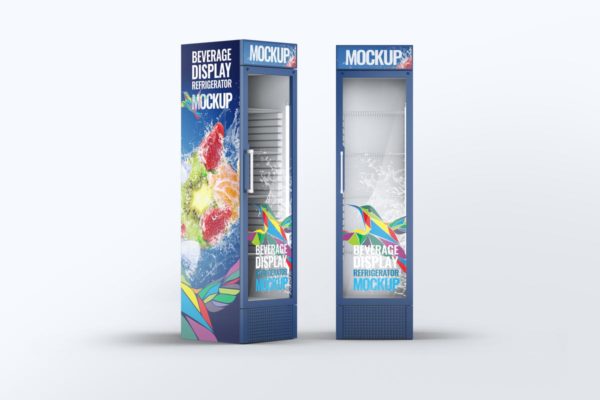 零售柜式冰箱外观广告设计效果图样机大洋岛精选模板 Beverage Display Refrigerator Mock-Up