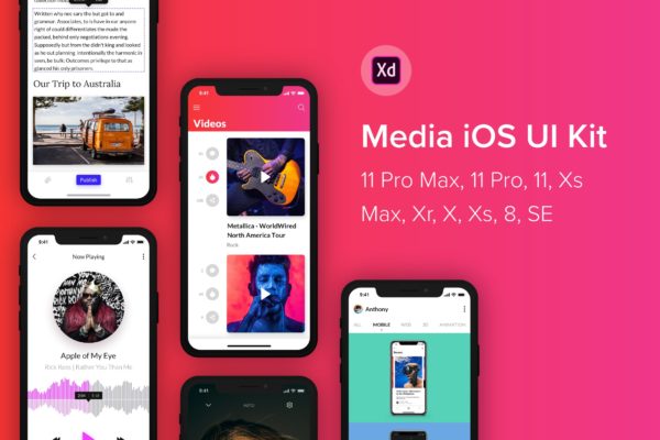 iOS平台多媒体APP应用UI设计大洋岛精选套件XD模板 Media iOS UI Kit (Adobe XD)