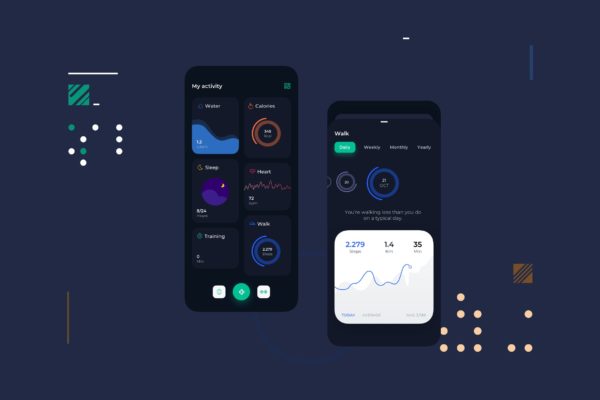 健康监测APP应用UI界面设计大洋岛精选模板[夜间模式] Health Activities Dark Mode Mobile UI – TG