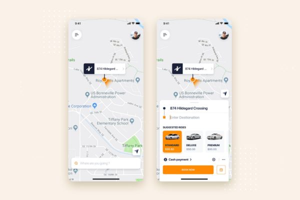 网约车APP应用预约界面UI设计大洋岛精选模板 Taxi Booking Mobile App UI Kit Template
