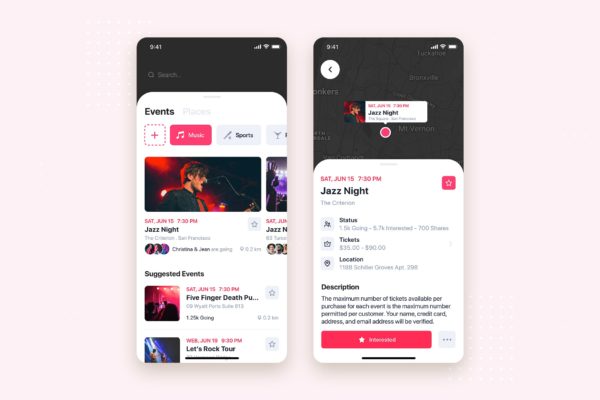 音乐活动事件APP应用列表&详情界面UI设计大洋岛精选模板 Music Event Mobile App UI Kit Template