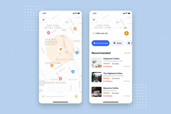 在线订餐APP应用餐厅搜索推介界面UI设计大洋岛精选模板 Food Delivery Mobile App UI Kit Template