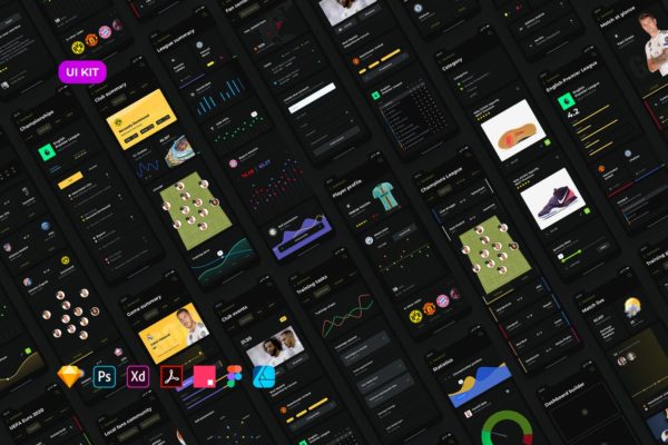足球赛事APP应用UI设计大洋岛精选套件[黑暗模式版本] Soccer mobile app – Dark UI