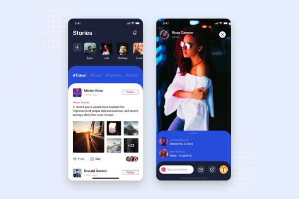 社交APP应用频道列表&详情界面设计大洋岛精选模板 Social Stories Mobile App UI Kit Template