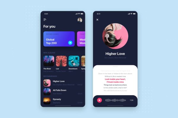 音乐APP应用首页&音乐播放界面设计大洋岛精选模板 Music Mobile App UI Kit Template