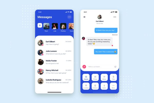 消息聊天APP应用好友列表&聊天窗口界面设计大洋岛精选模板 Messages Chatting Mobile App UI Kit Template